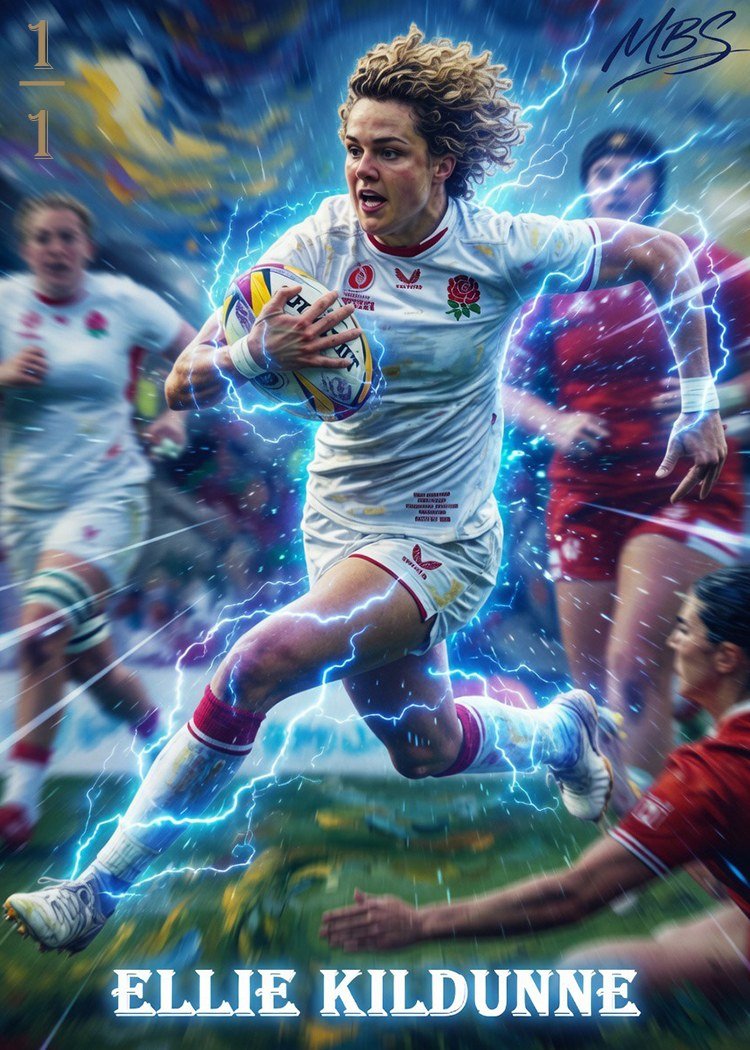 Original card art of England rugby player Ellie Kildunne running with the ball, rendered in a photoreal storm-lit style with lightning