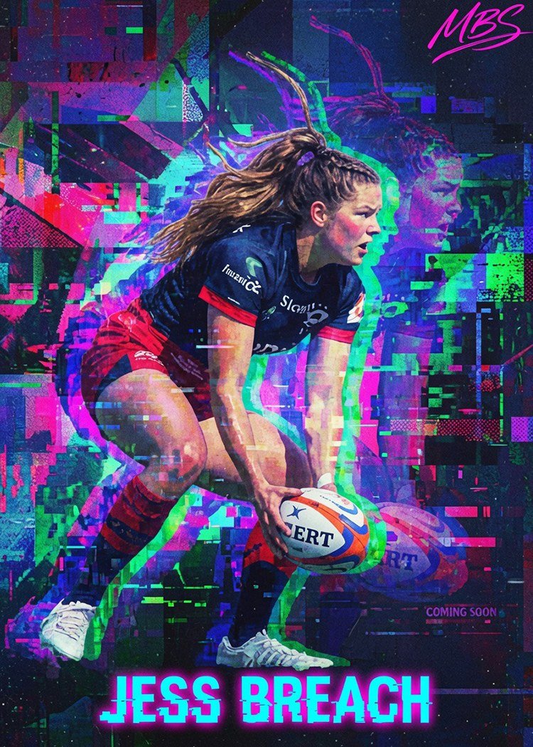 Original card art of rugby player Jess Breach in a neon glitch style with cyan and magenta distortion