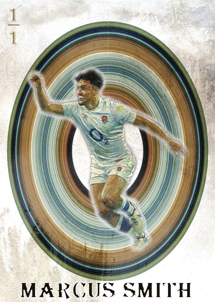 Original card art of England rugby player Marcus Smith celebrating, framed in a vintage oval