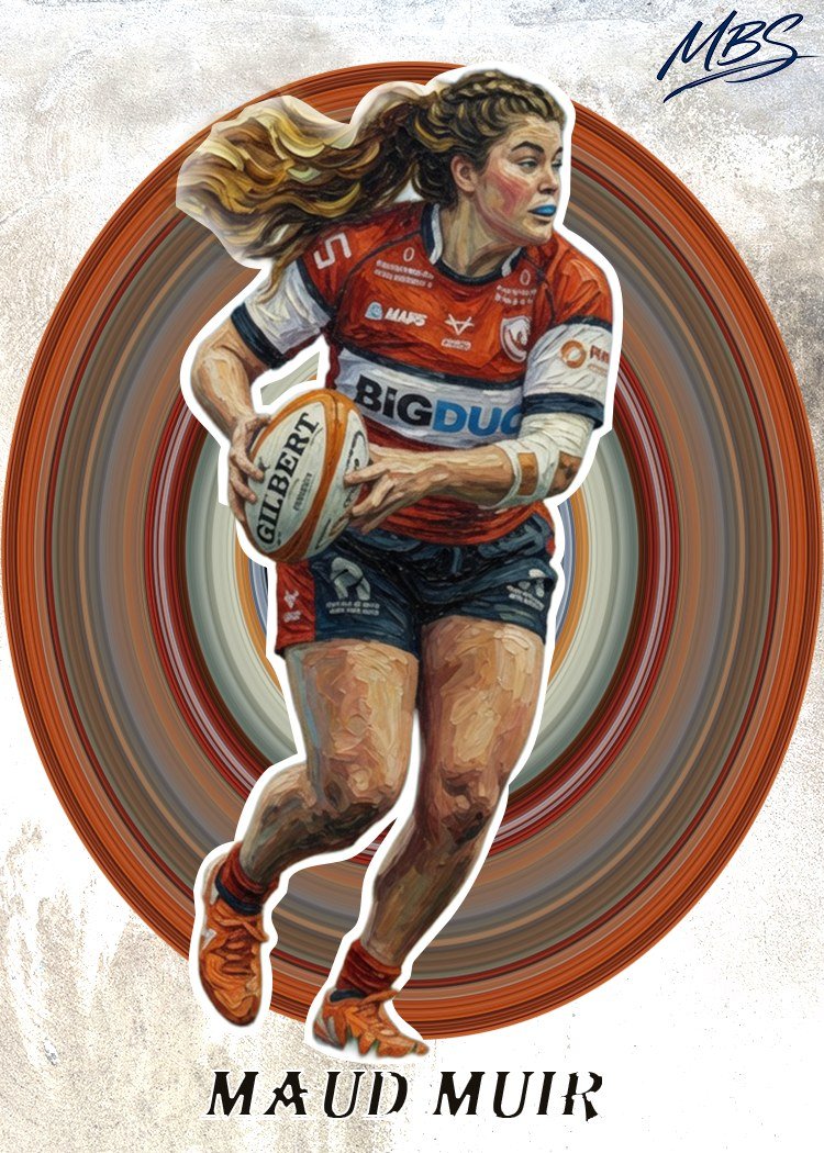 Original card art of rugby player Maud Muir running with the ball, framed in a vintage oval