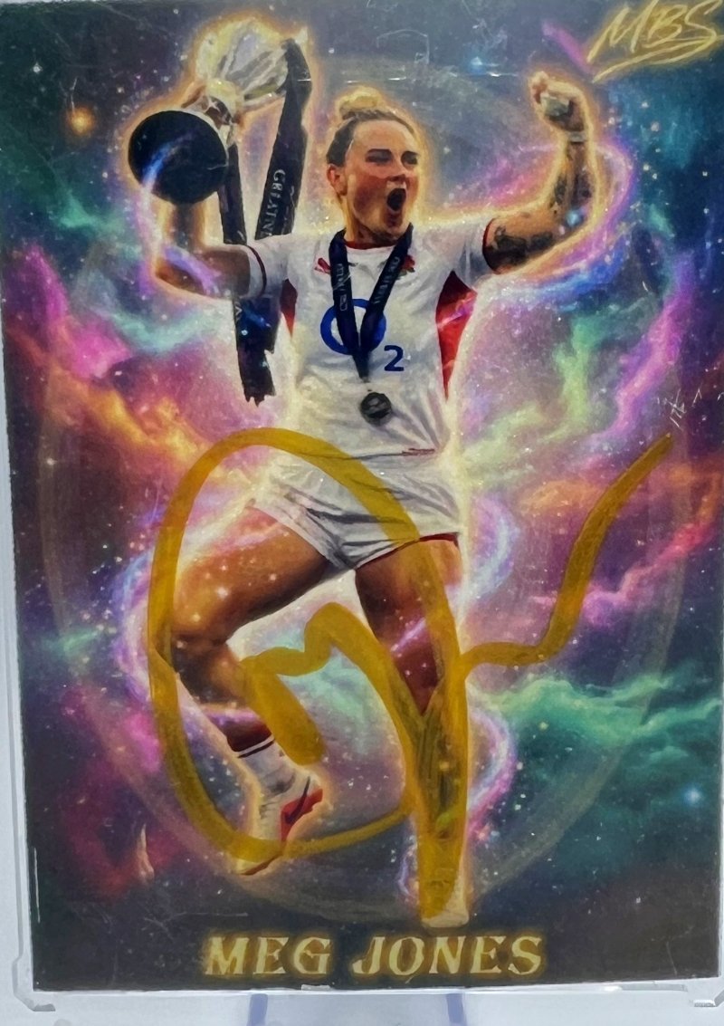 Original card art of rugby player Meg Jones celebrating with a trophy, set against a colourful cosmic nebula background