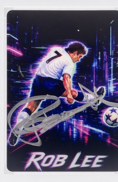 Original card art of England footballer Rob Lee scoring, rendered in a neon cyberpunk style
