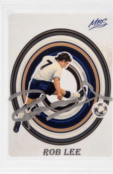 Made By Stories original card art of England footballer Rob Lee scoring, framed in a vintage oval