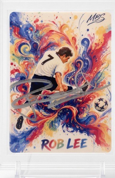 Original card art of England footballer Rob Lee scoring, rendered in a colourful paint-splash style