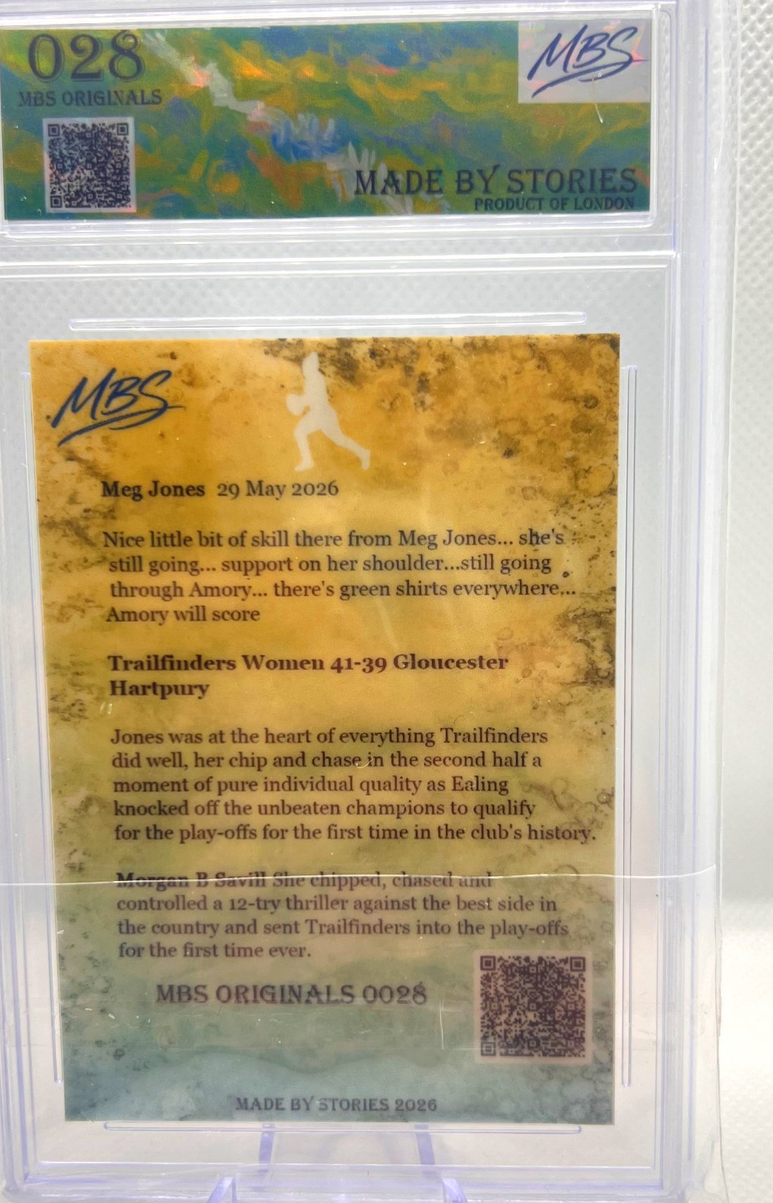 The back of a Made By Stories graded card slab, printed with the real match commentary and story behind the moment