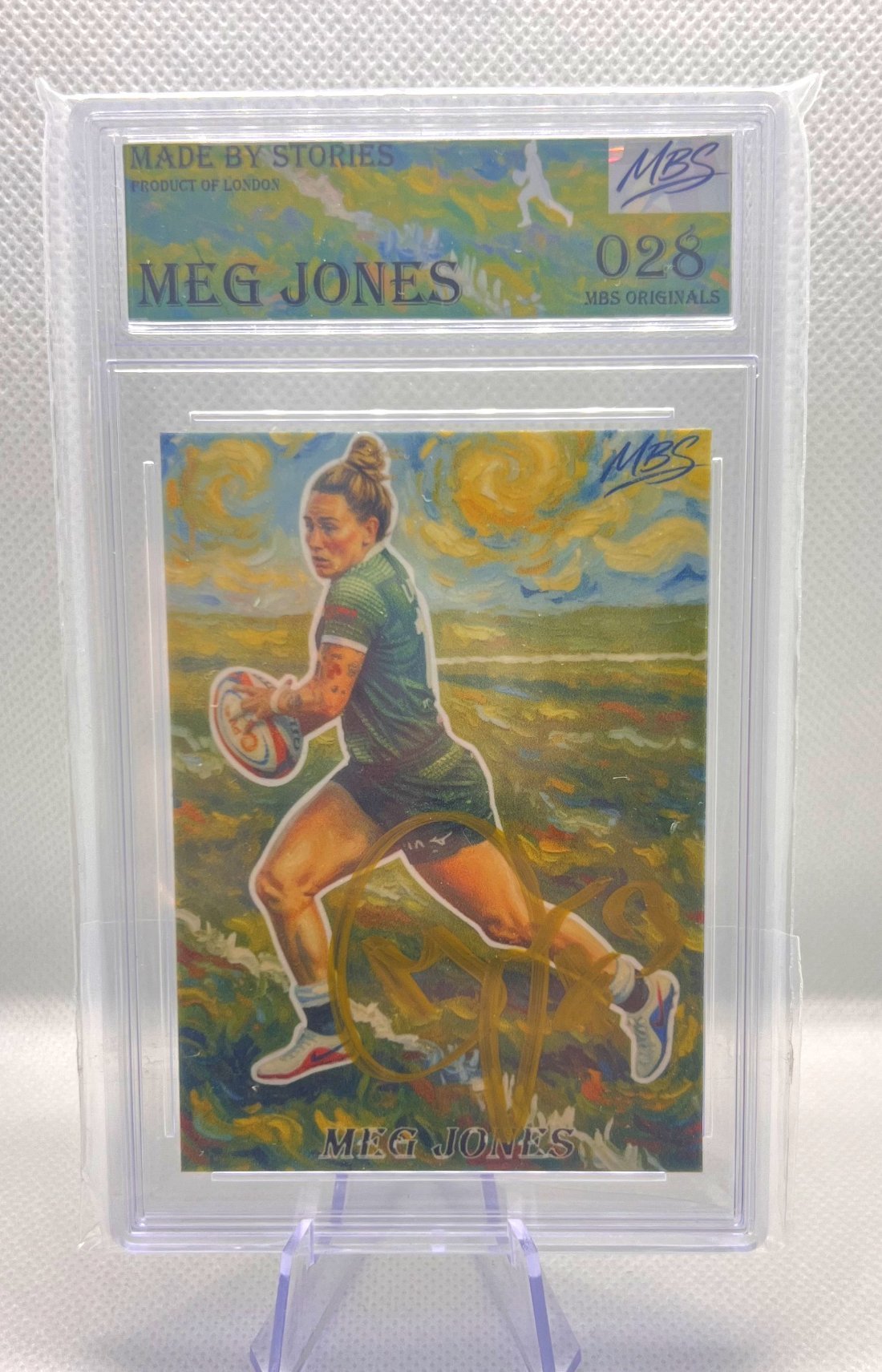 A Made By Stories graded card slab, front view, showing the numbered original artwork and MBS Originals authentication