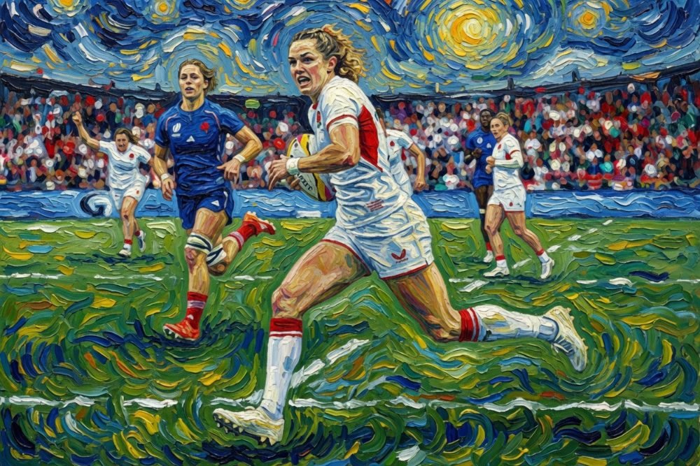 Impressionist-style trading card art of Ellie Kildunne, an England women's rugby player, diving to score a try beside the goal post, created in a swirling Van Gogh-inspired style
